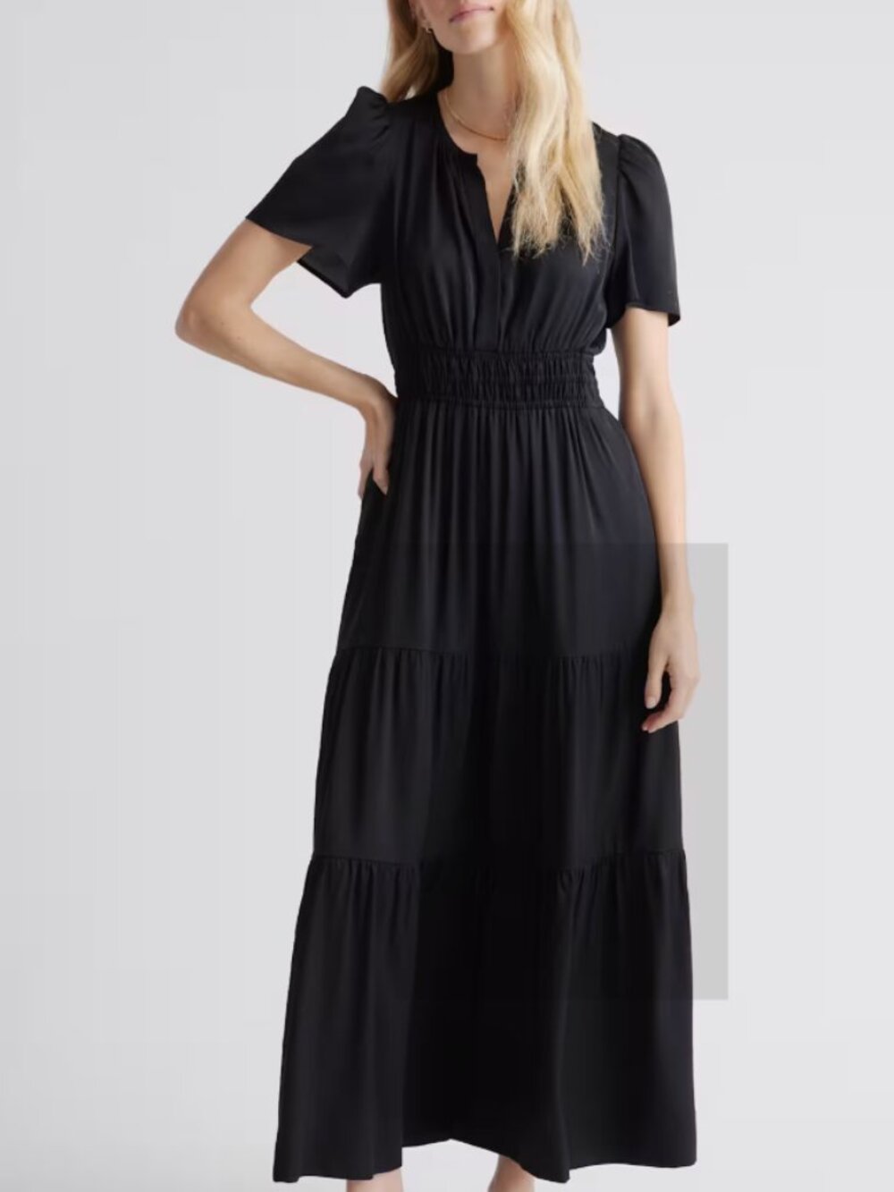 Quince Washable Stretch Silk Tiered Maxi Dress Black Size XL